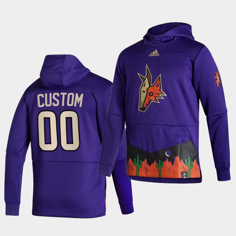 Men Arizona Coyotes 00 Custom Purple NHL 2021 Adidas Pullover Hoodie Jersey